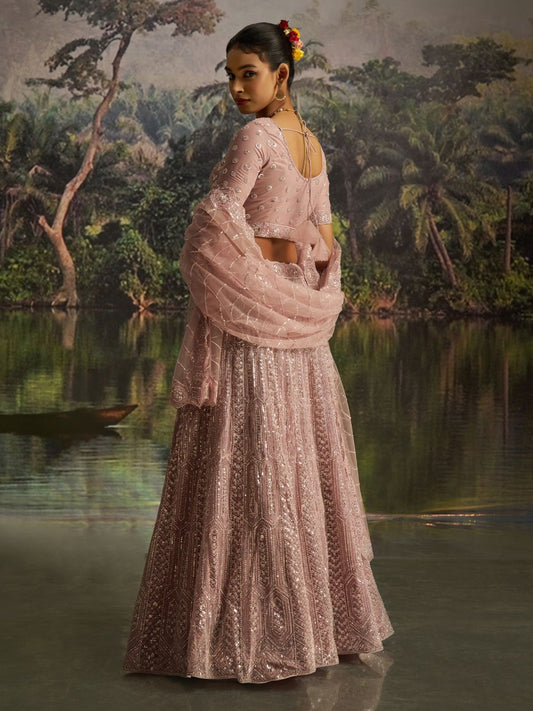 Odette Light Pink Net Embellished Semi-Stitched Lehenga For Women
