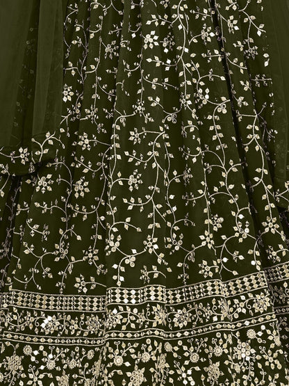 Odette Green Georgette Embroidered Semi-Stitched Lehenga For Women