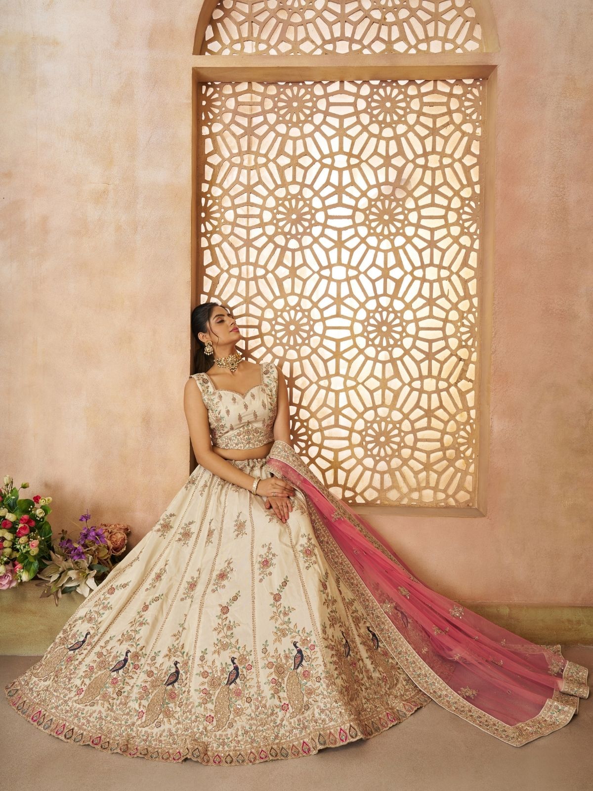 Odette Off White Silk Blend Embroidered Semi-Stitched Lehenga For Women