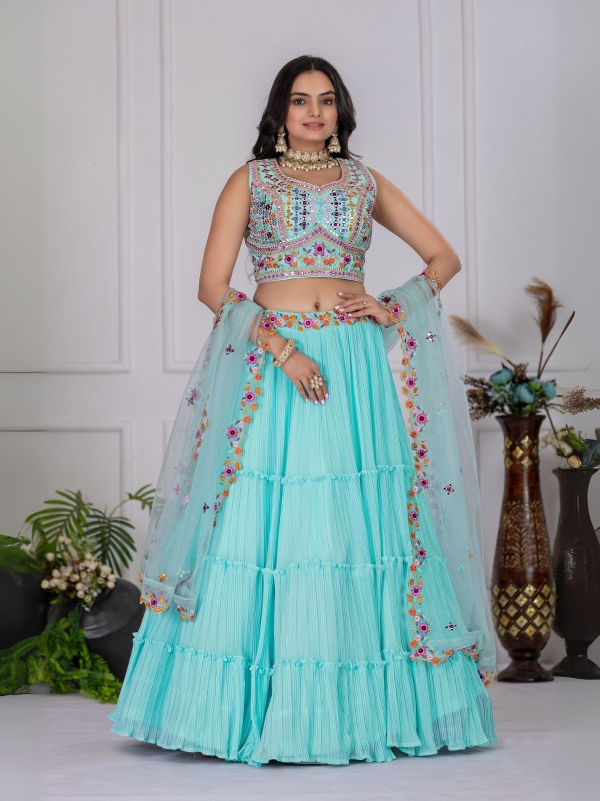 Odette Sky Blue Georgette Embroidered Semi-Stitched lehenga For Women