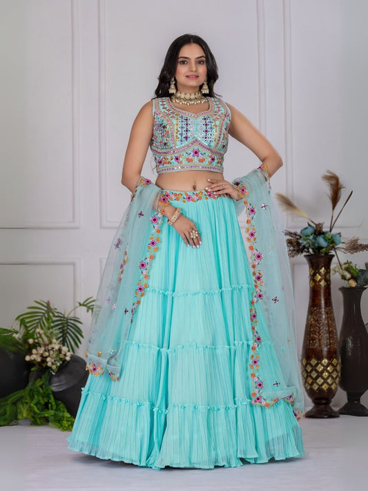 Odette Sky Blue Georgette Embroidered Semi-Stitched lehenga For Women