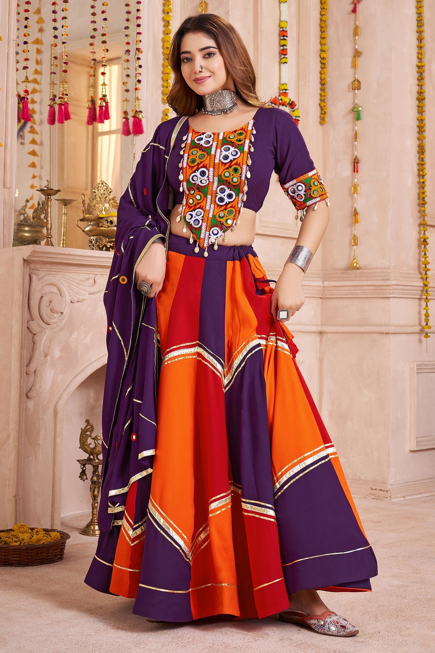 Multi Colored Viscose Flared Chaniya Choli with Lampi Border