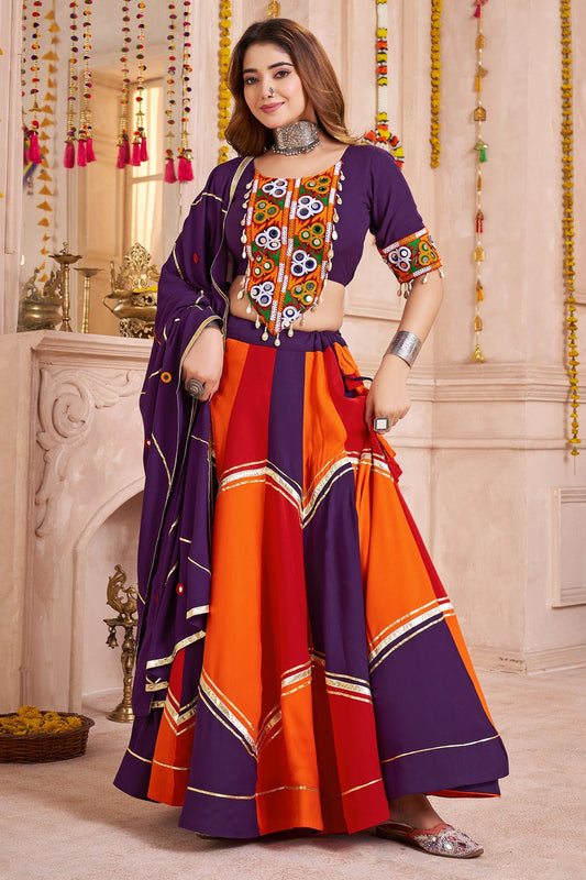 Multi Colored Viscose Flared Chaniya Choli with Lampi Border