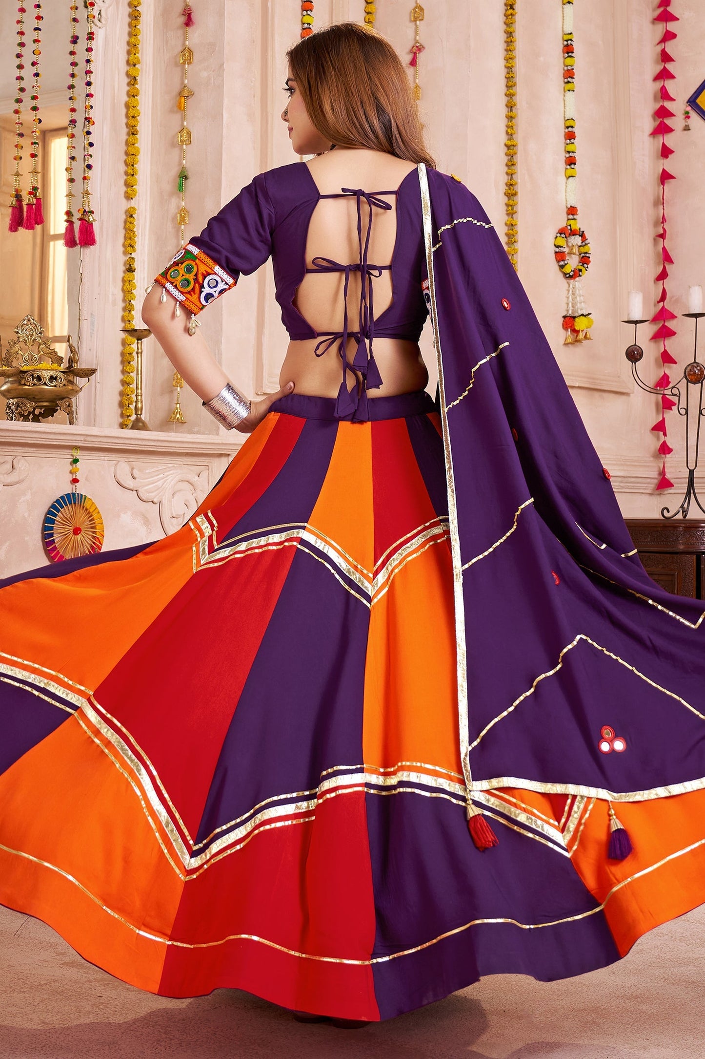 Multi Colored Viscose Flared Chaniya Choli with Lampi Border