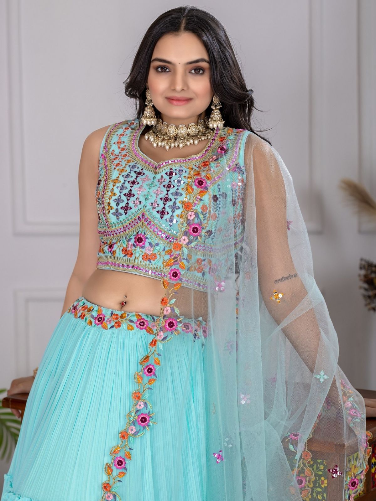 Odette Sky Blue Georgette Embroidered Semi-Stitched lehenga For Women