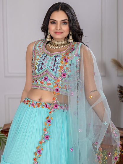 Odette Sky Blue Georgette Embroidered Semi-Stitched lehenga For Women