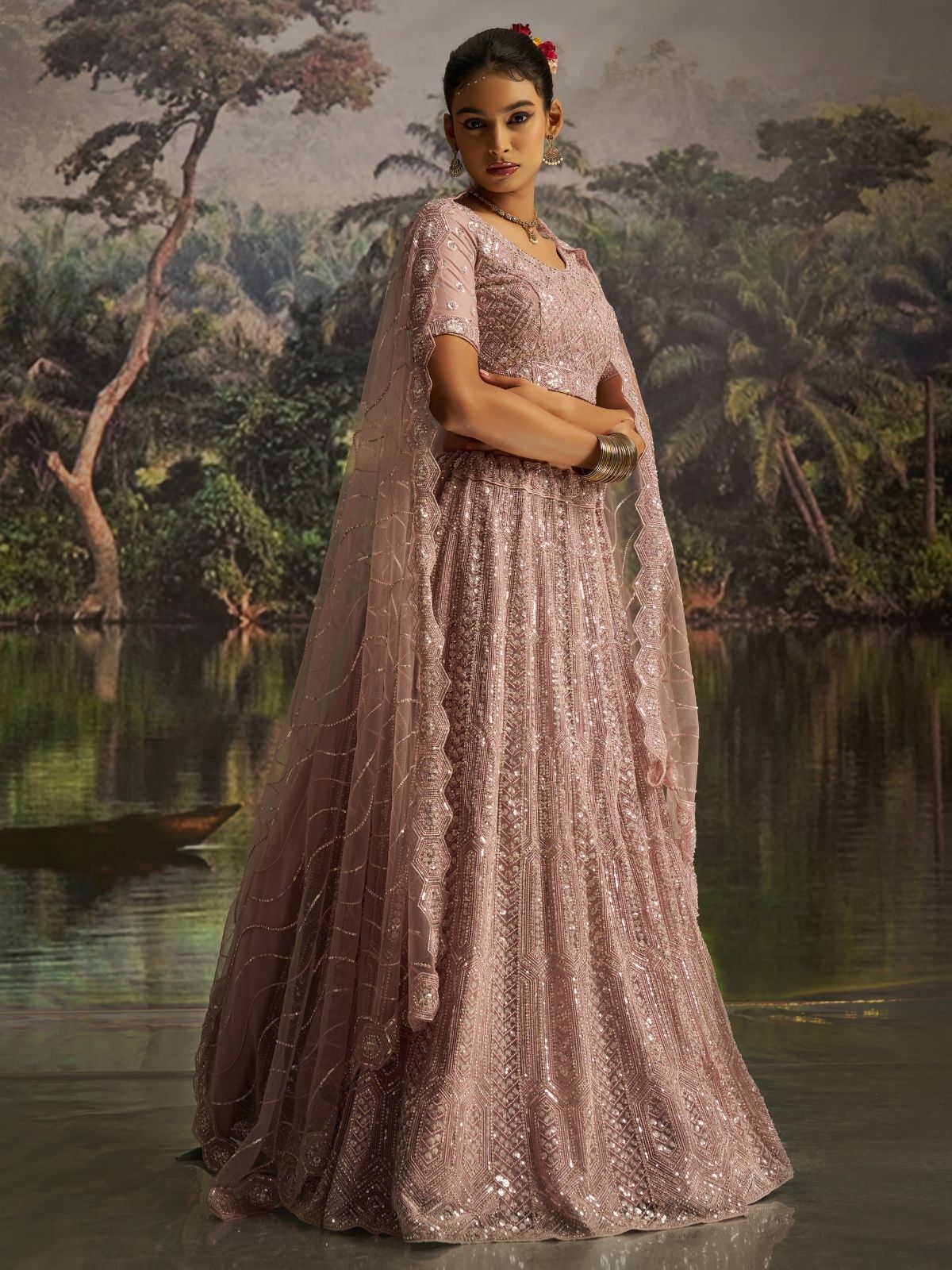 Odette Light Pink Net Embellished Semi-Stitched Lehenga For Women