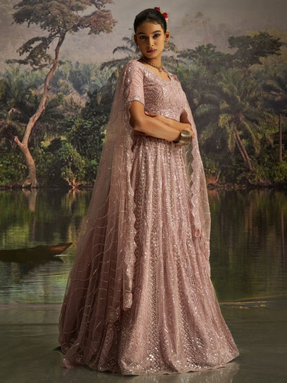 Odette Light Pink Net Embellished Semi-Stitched Lehenga For Women