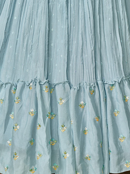 Odette Blue Embroidered Chiffon Stitched Lehenga With Blouse For Women