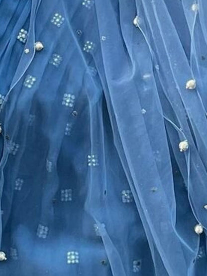 Odette Blue Georgette Embellished Semi-Stitched Lehenga For Women