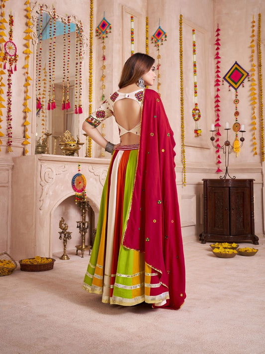 Odette Multicolor Cotton Blend Solid With Golden Border Semi-Stitched Lehenga For Women