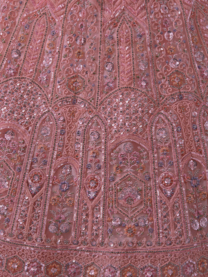 Odette Pink Embellished Soft Net Semi Stitched Lehenga With Blouse For Women