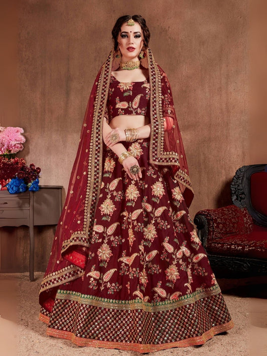 Odette Maroon Silk Blend Embroidered Semi-Stitched lehenga For Women