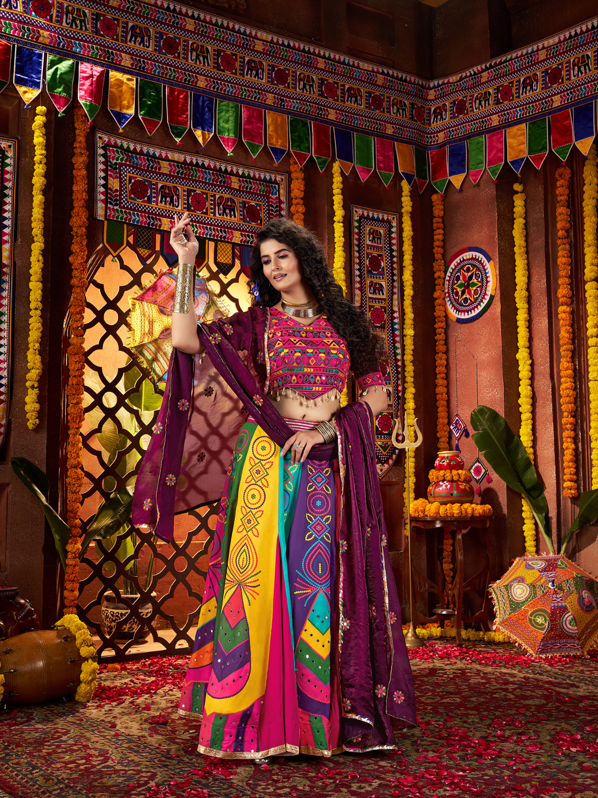 Odette Multicolor Silk Blend Printed Semi-Stitched Lehenga For Women