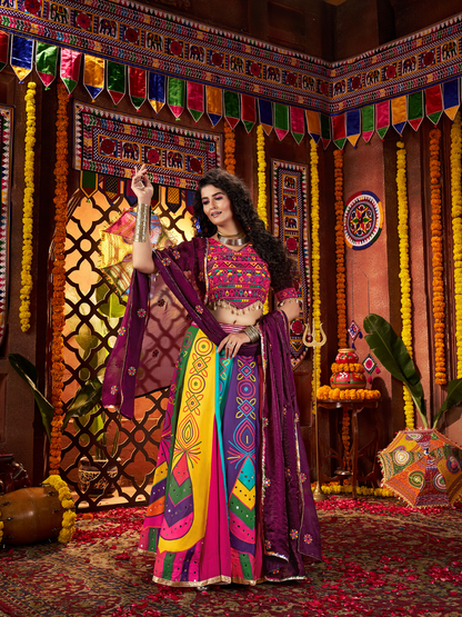 Odette Multicolor Silk Blend Printed Semi-Stitched Lehenga For Women