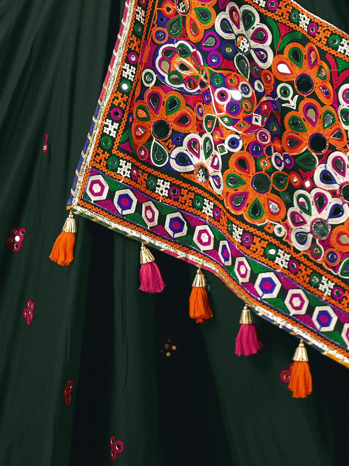 Odette Dark Green Cotton Blend Embroidered Semi-Stitched lehenga For Women