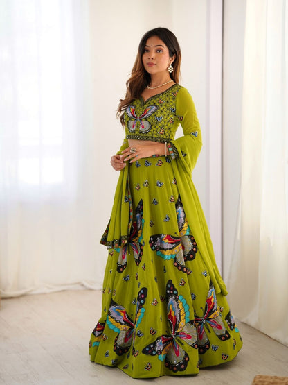Odette Green Georgette Embroidered Semi-Stitched lehenga For Women