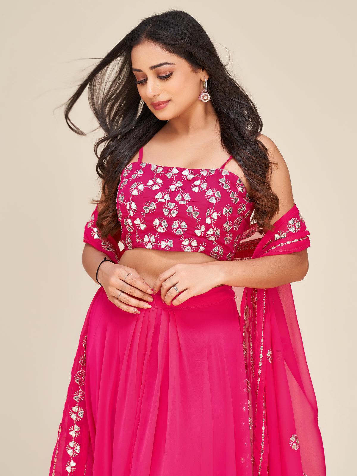 Odette Women Designer Pink Georgette Semi Stitched Lehenga With Unstitched Blouse