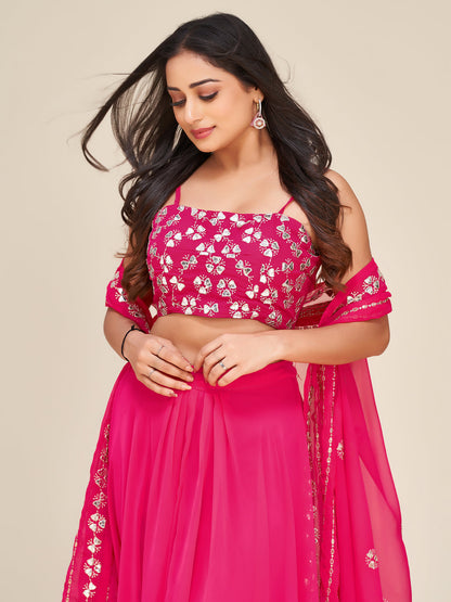 Odette Women Designer Pink Georgette Semi Stitched Lehenga With Unstitched Blouse