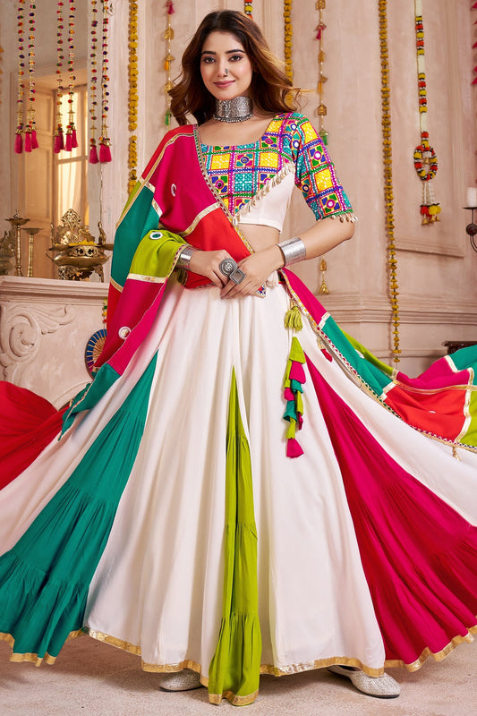 Off White and Multi Colored Viscose Flared Chaniya Choli with Lampi Border