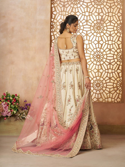 Odette Off White Silk Blend Embroidered Semi-Stitched Lehenga For Women