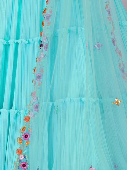 Odette Sky Blue Georgette Embroidered Semi-Stitched lehenga For Women