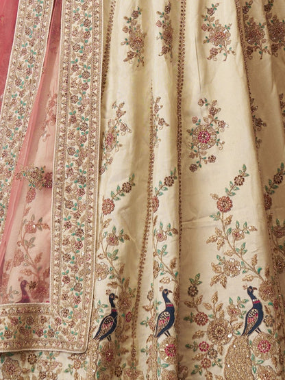 Odette Off White Silk Blend Embroidered Semi-Stitched Lehenga For Women