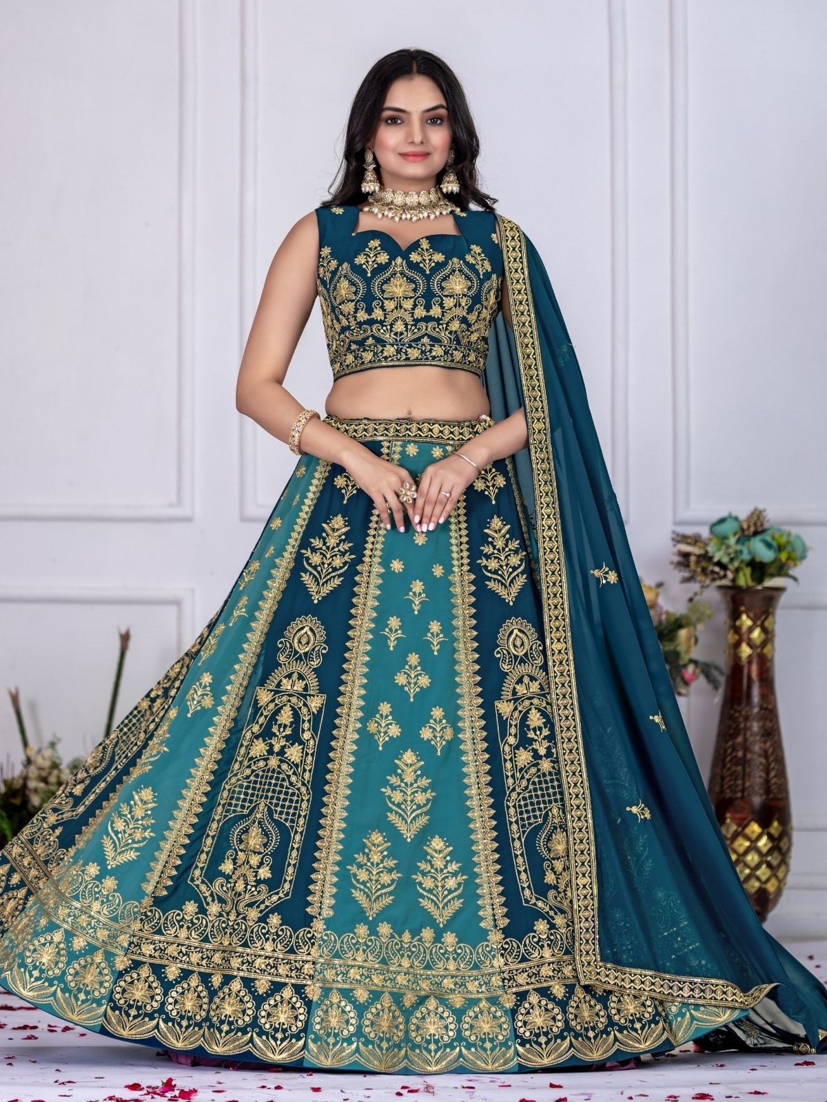Odette Blue And Teal Georgette Embroidered Semi-Stitched lehenga For Women