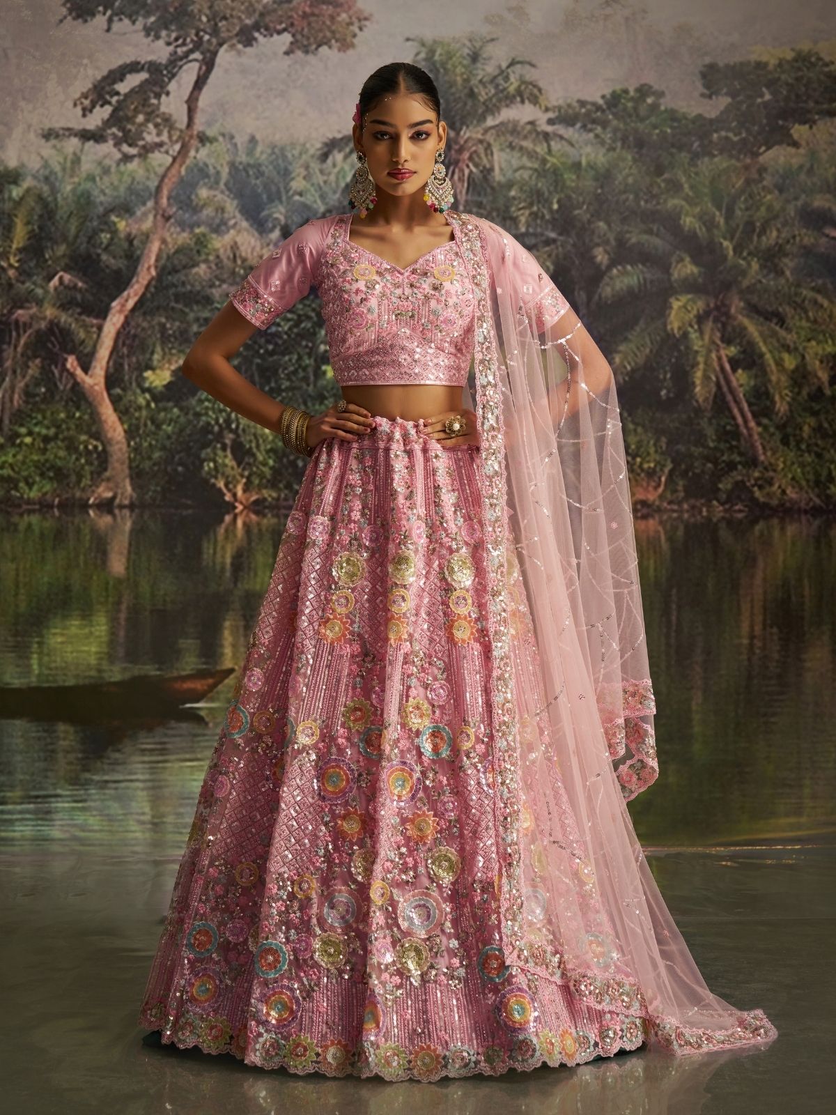 Odette Pink Net Embellished Semi-Stitched Lehenga For Women