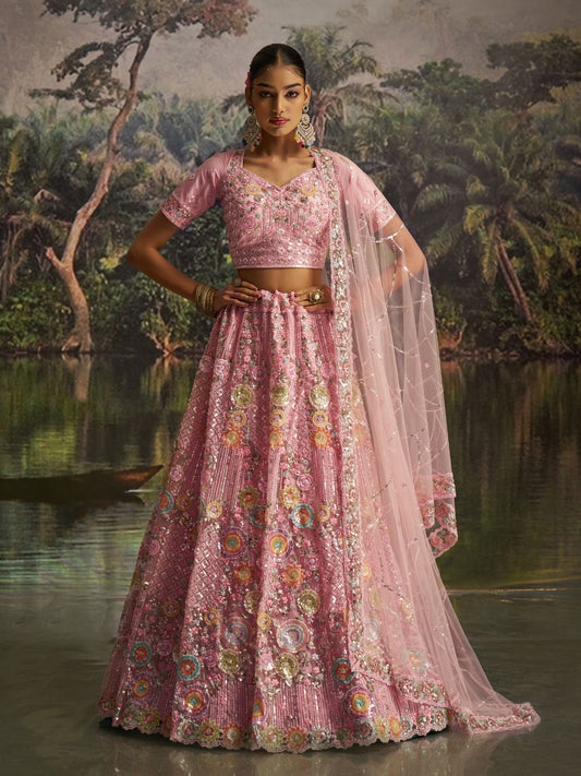 Odette Pink Net Embellished Semi-Stitched Lehenga For Women