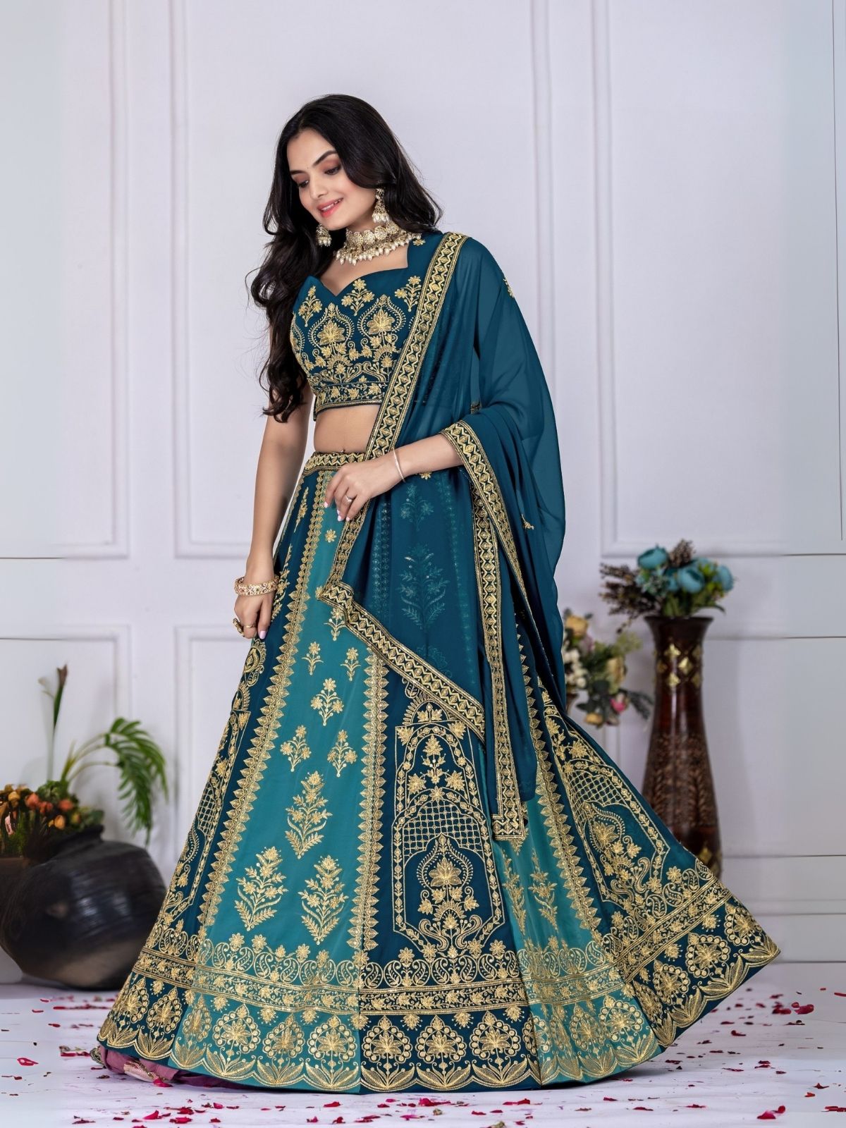 Odette Blue And Teal Georgette Embroidered Semi-Stitched lehenga For Women