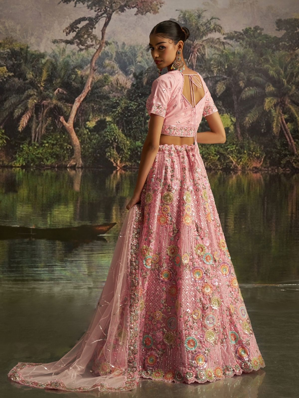 Odette Pink Net Embellished Semi-Stitched Lehenga For Women