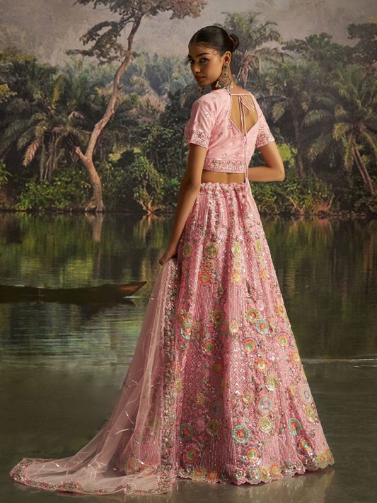 Odette Pink Net Embellished Semi-Stitched Lehenga For Women
