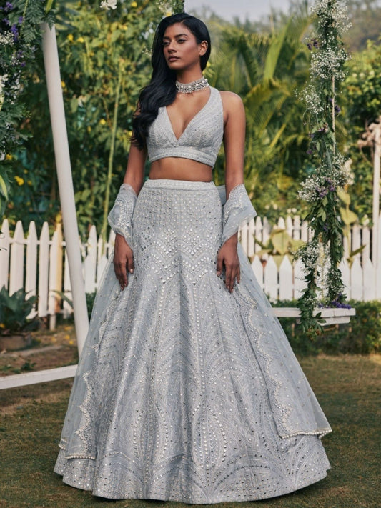 Odette Light Grey Silk Blend Embellished Semi-Stitched Lehenga For Women