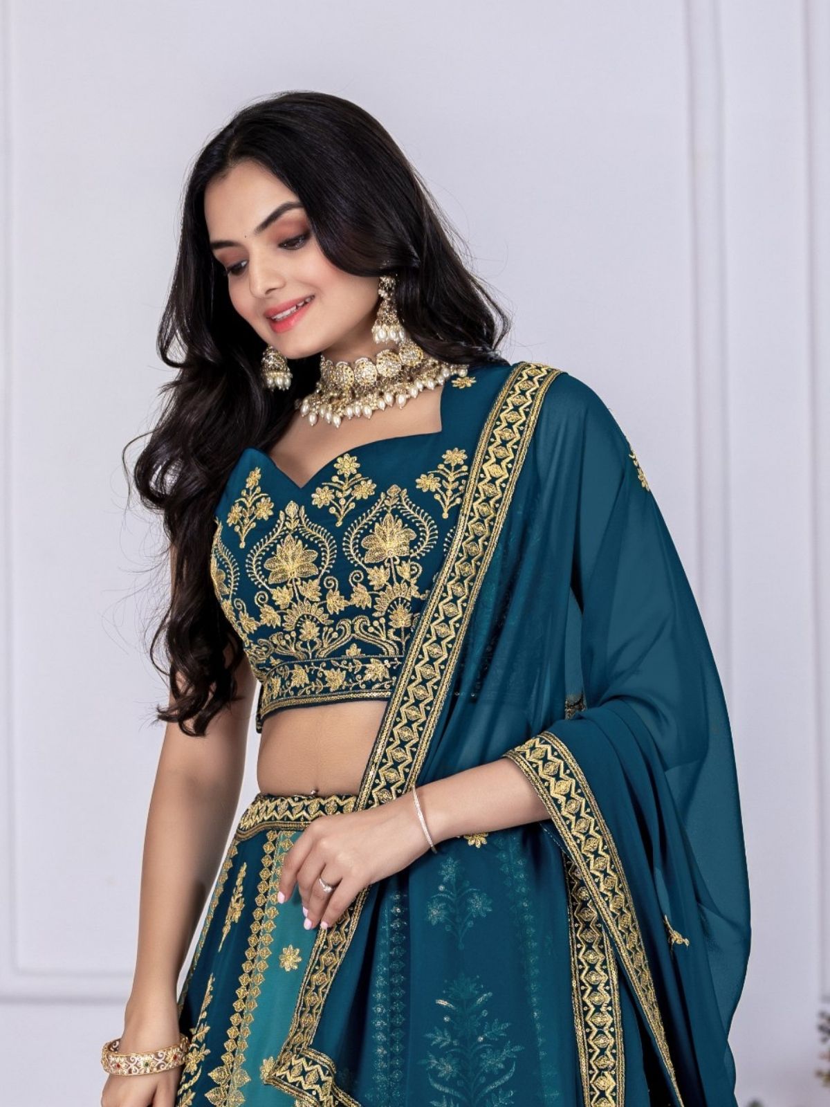 Odette Blue And Teal Georgette Embroidered Semi-Stitched lehenga For Women