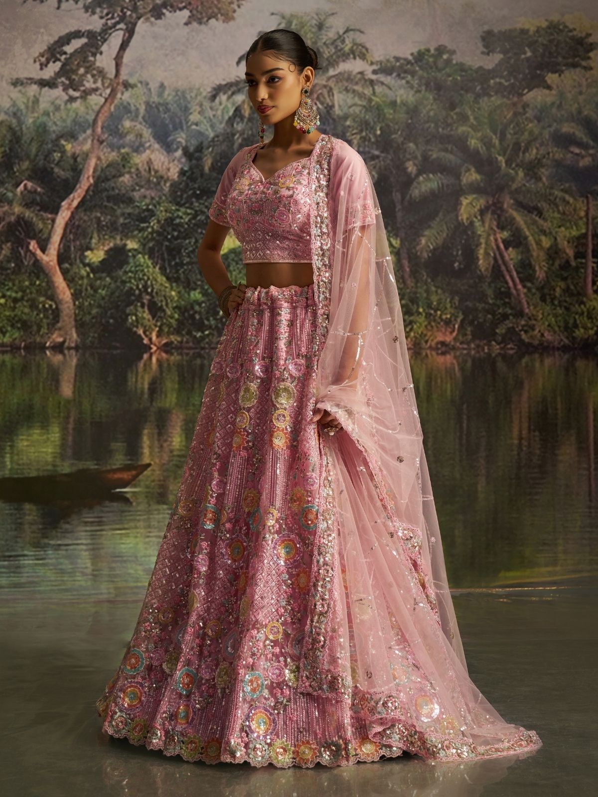 Odette Pink Net Embellished Semi-Stitched Lehenga For Women