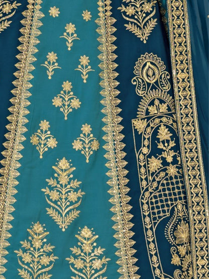 Odette Blue And Teal Georgette Embroidered Semi-Stitched lehenga For Women