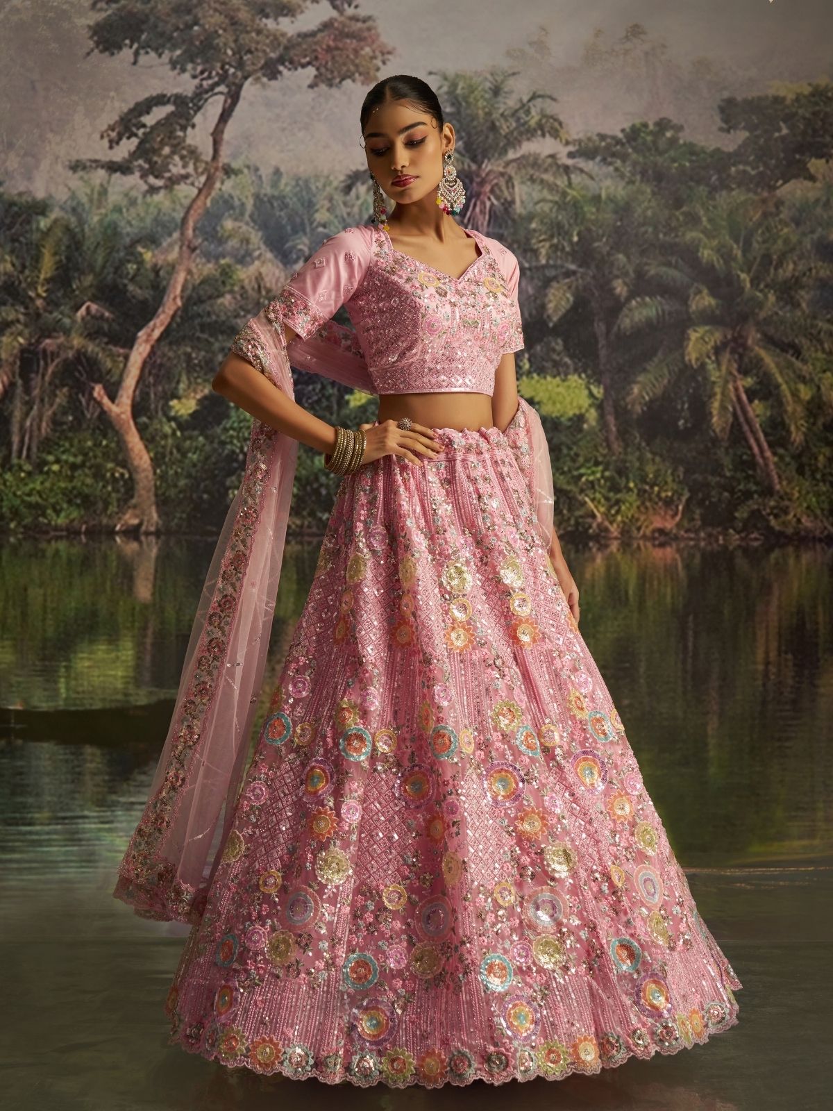Odette Pink Net Embellished Semi-Stitched Lehenga For Women