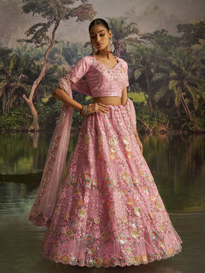 Odette Pink Net Embellished Semi-Stitched Lehenga For Women