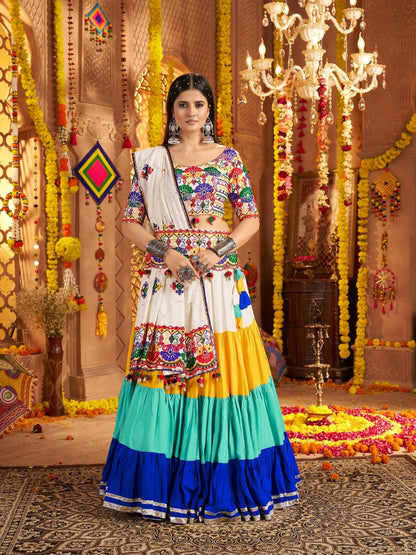Odette Multicolor Viscose Cotton Embroidered Semi-Stitched lehenga With Stunning Tassels And Embroidered Waist Belt For Women