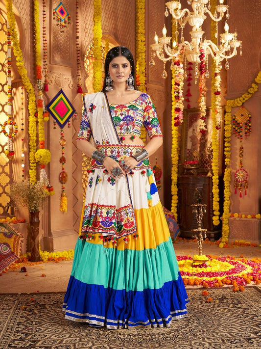 Odette Multicolor Viscose Cotton Embroidered Semi-Stitched lehenga With Stunning Tassels And Embroidered Waist Belt For Women