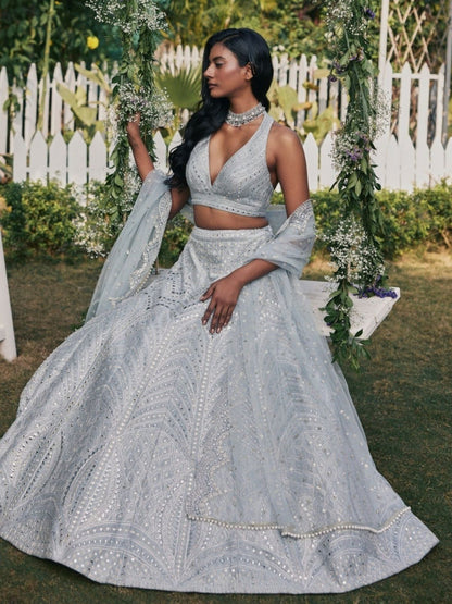 Odette Light Grey Silk Blend Embellished Semi-Stitched Lehenga For Women