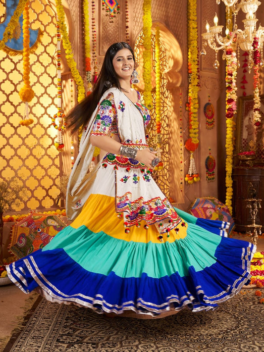 Odette Multicolor Viscose Cotton Embroidered Semi-Stitched lehenga With Stunning Tassels And Embroidered Waist Belt For Women