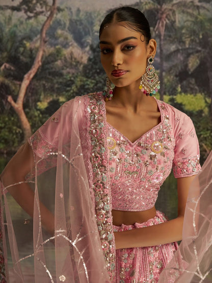 Odette Pink Net Embellished Semi-Stitched Lehenga For Women