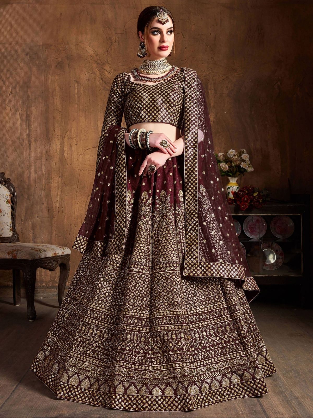 Odette Maroon Silk Blend Embroidered Semi-Stitched lehenga For Women