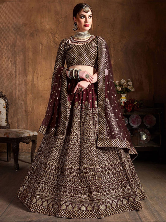 Odette Maroon Silk Blend Embroidered Semi-Stitched lehenga For Women
