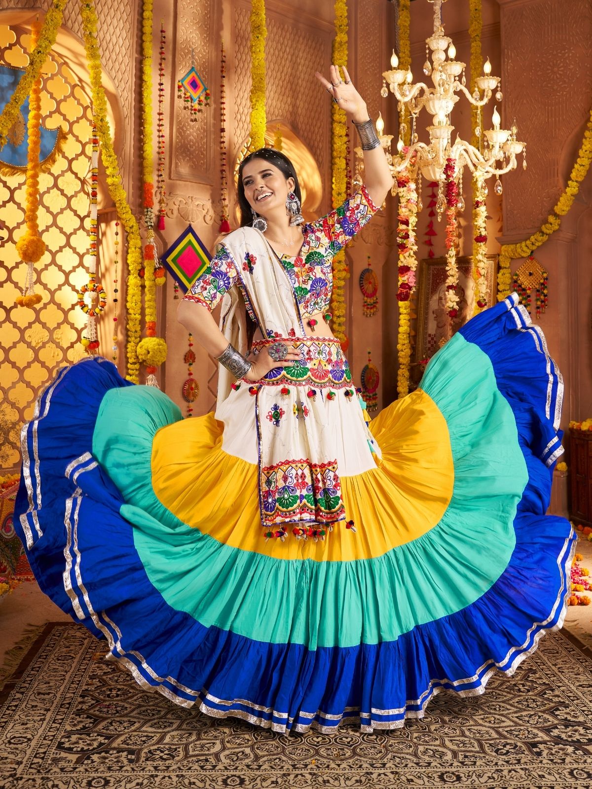 Odette Multicolor Viscose Cotton Embroidered Semi-Stitched lehenga With Stunning Tassels And Embroidered Waist Belt For Women