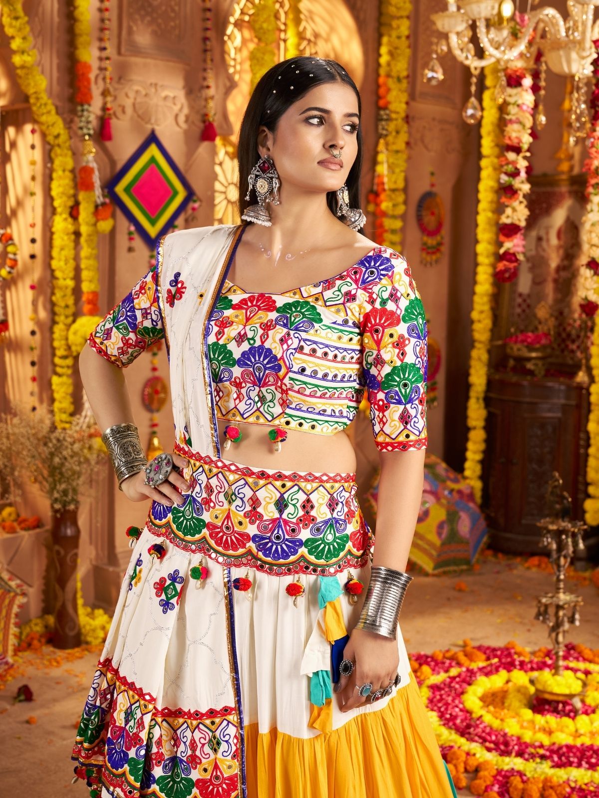 Odette Multicolor Viscose Cotton Embroidered Semi-Stitched lehenga With Stunning Tassels And Embroidered Waist Belt For Women