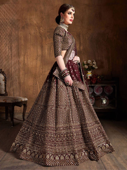 Odette Maroon Silk Blend Embroidered Semi-Stitched lehenga For Women