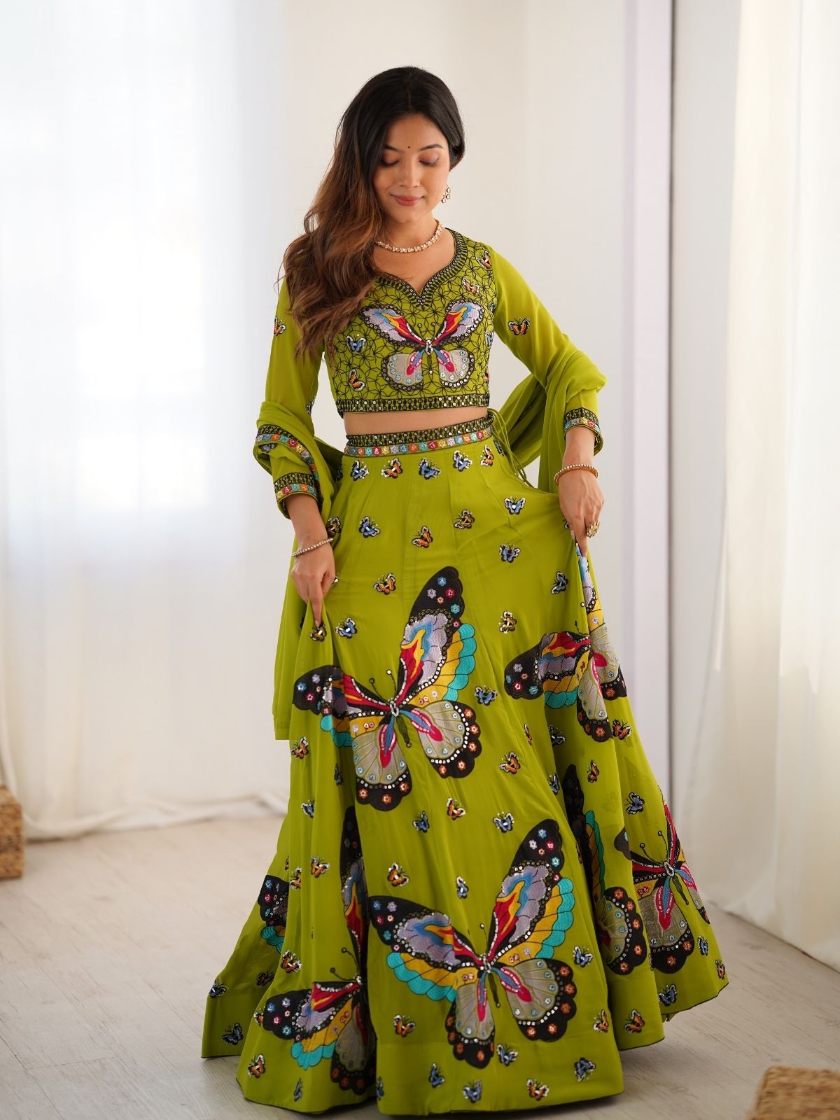Odette Green Georgette Embroidered Semi-Stitched lehenga For Women